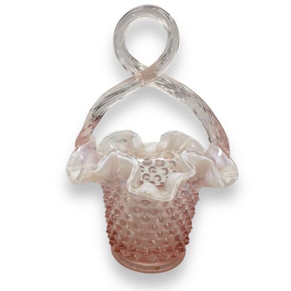 Vintage Fenton Glass Basket Light Pink Opalescent Hobnail Twisted Handle Ruffled - Picture 1 of 8